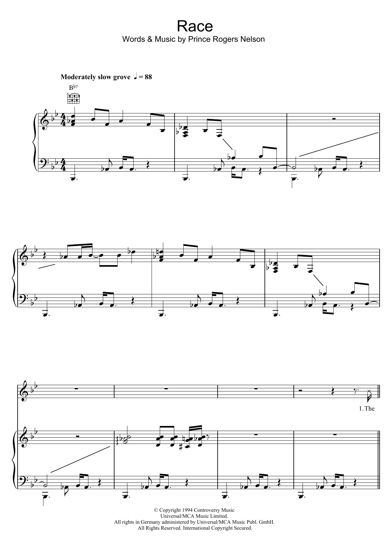 Prince Race sheet music notes and chords arranged for Piano, Vocal & Guitar Chords