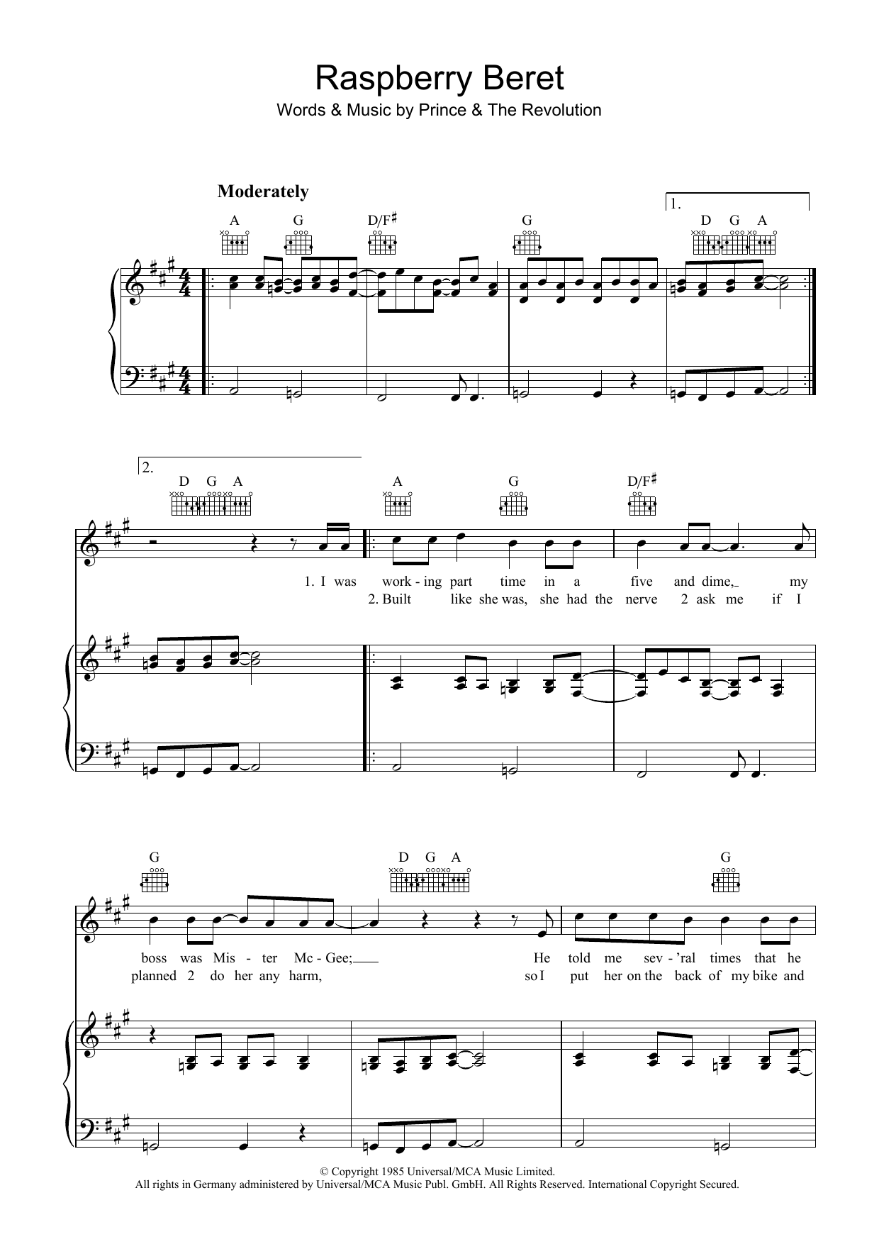 Prince Raspberry Beret sheet music notes and chords arranged for Easy Piano