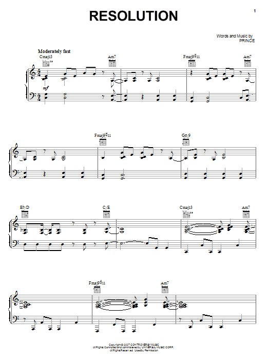 Prince Resolution sheet music notes and chords arranged for Piano, Vocal & Guitar Chords (Right-Hand Melody)