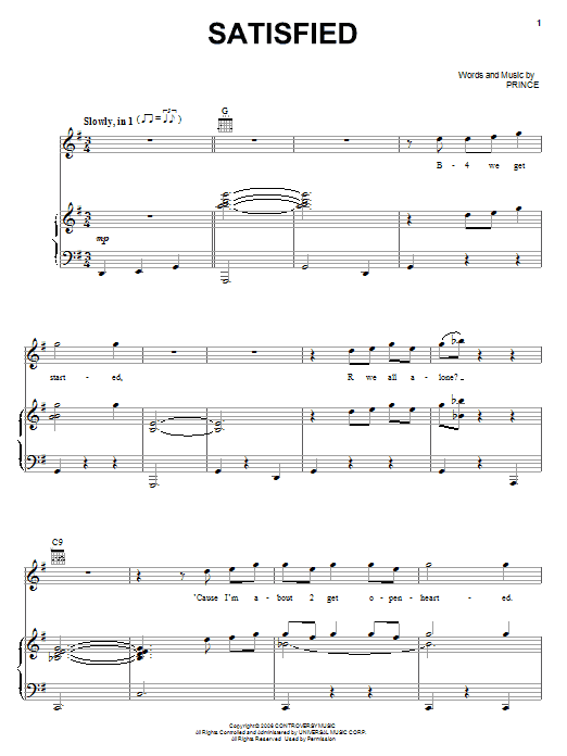 Prince Satisfied sheet music notes and chords arranged for Piano, Vocal & Guitar Chords (Right-Hand Melody)