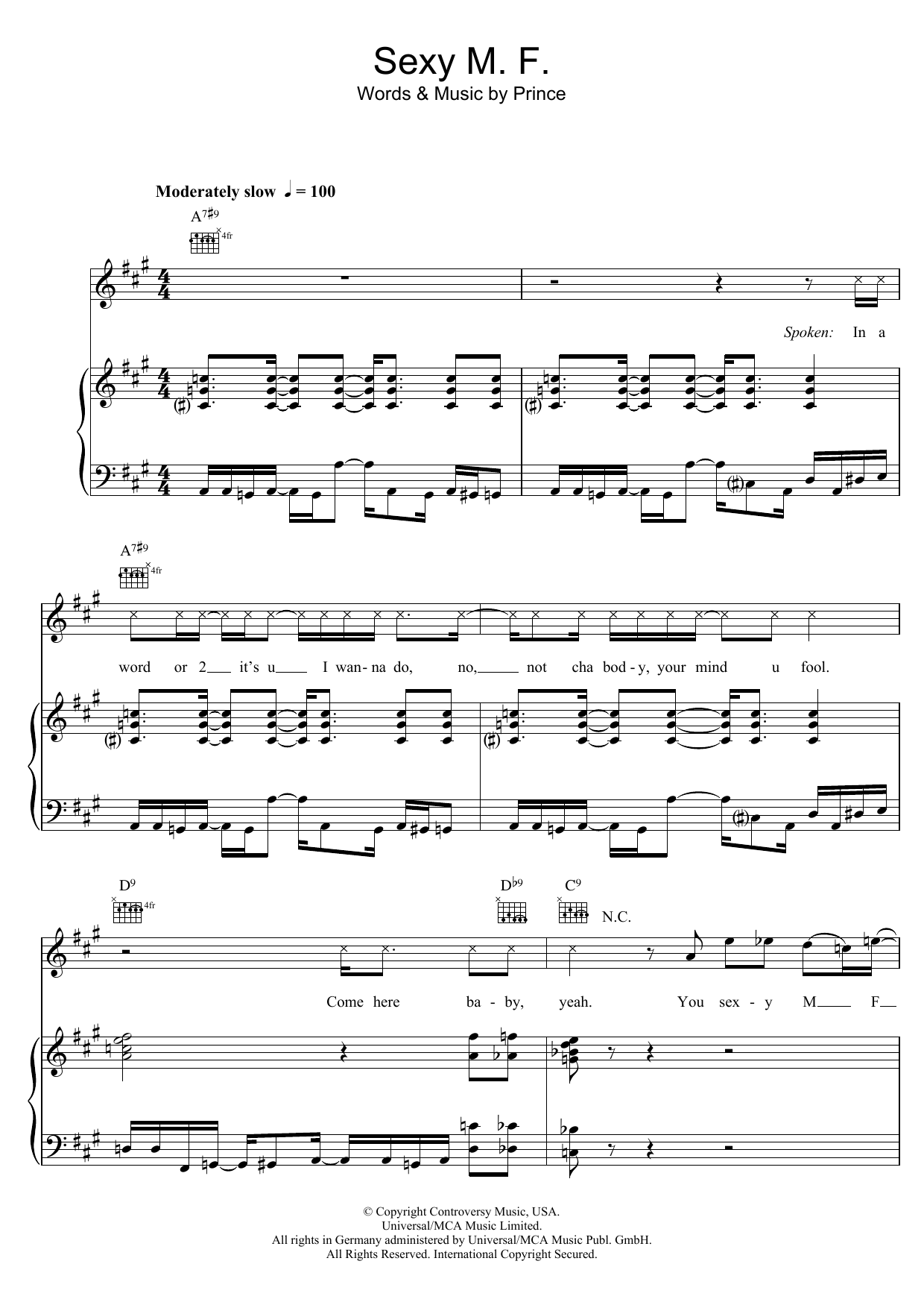 Prince Sexy M.F. sheet music notes and chords arranged for Piano, Vocal & Guitar Chords