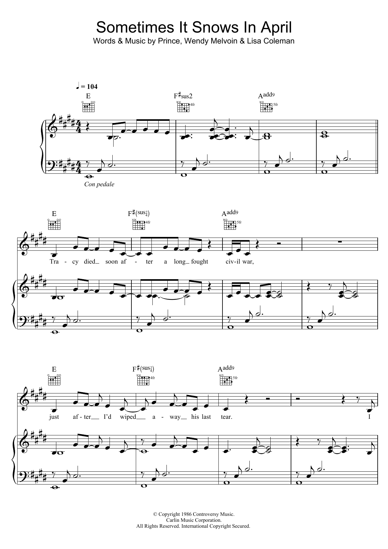 Prince Sometimes It Snows In April sheet music notes and chords arranged for Piano, Vocal & Guitar Chords