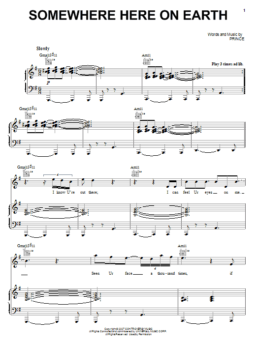 Prince Somewhere Here On Earth sheet music notes and chords arranged for Piano, Vocal & Guitar Chords (Right-Hand Melody)