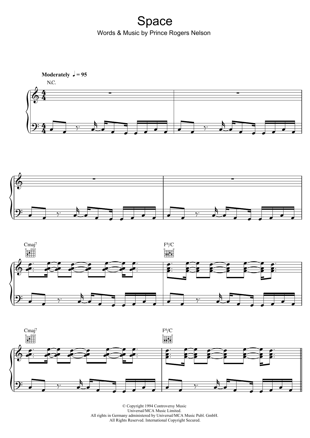 Prince Space sheet music notes and chords arranged for Piano, Vocal & Guitar Chords