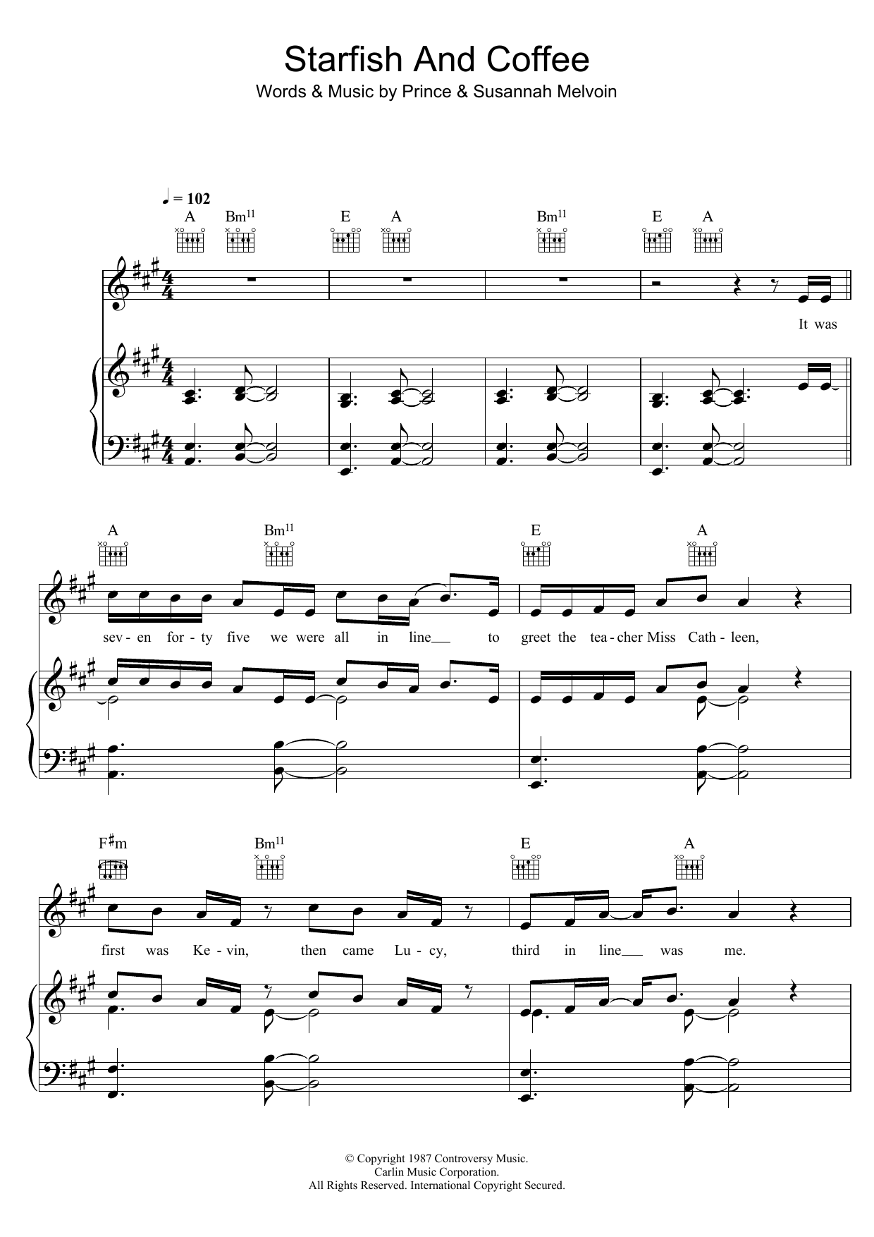 Prince Starfish And Coffee sheet music notes and chords arranged for Piano, Vocal & Guitar Chords