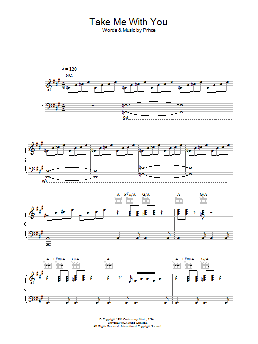 Prince Take Me With U sheet music notes and chords arranged for Piano, Vocal & Guitar Chords (Right-Hand Melody)