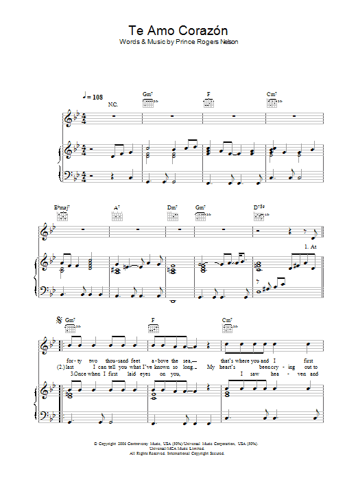Prince Te Amo Corazon sheet music notes and chords arranged for Piano, Vocal & Guitar Chords (Right-Hand Melody)