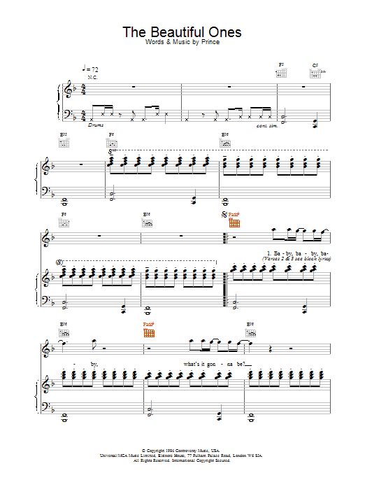 Prince The Beautiful Ones sheet music notes and chords arranged for Piano, Vocal & Guitar Chords (Right-Hand Melody)