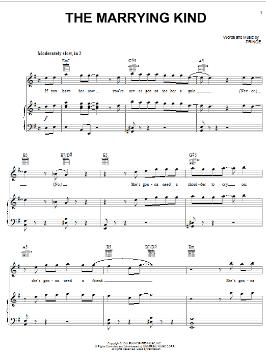 Prince The Marrying Kind sheet music notes and chords arranged for Piano, Vocal & Guitar Chords (Right-Hand Melody)