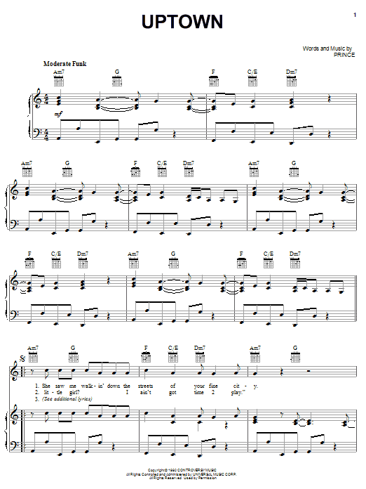 Prince Uptown sheet music notes and chords arranged for Piano, Vocal & Guitar Chords (Right-Hand Melody)