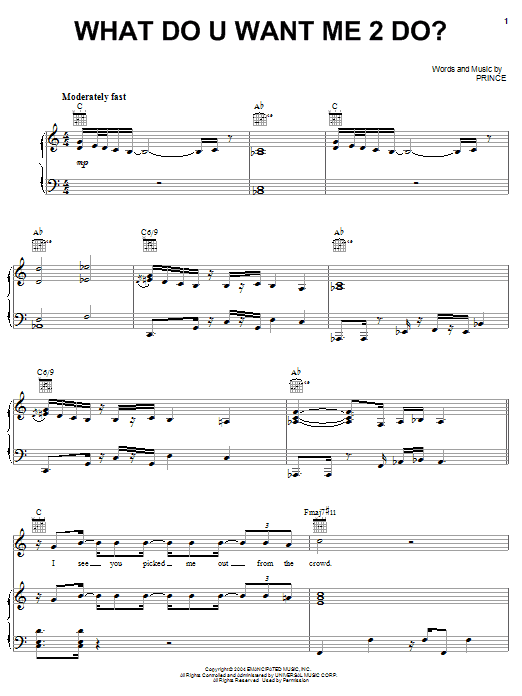 Prince What Do U Want Me 2 Do? sheet music notes and chords arranged for Piano, Vocal & Guitar Chords (Right-Hand Melody)