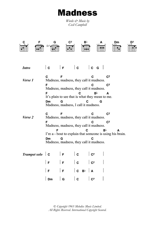 Prince Buster Madness sheet music notes and chords arranged for Guitar Chords/Lyrics