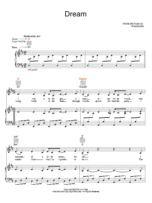 Priscilla Ahn Dream sheet music notes and chords arranged for Piano, Vocal & Guitar Chords (Right-Hand Melody)