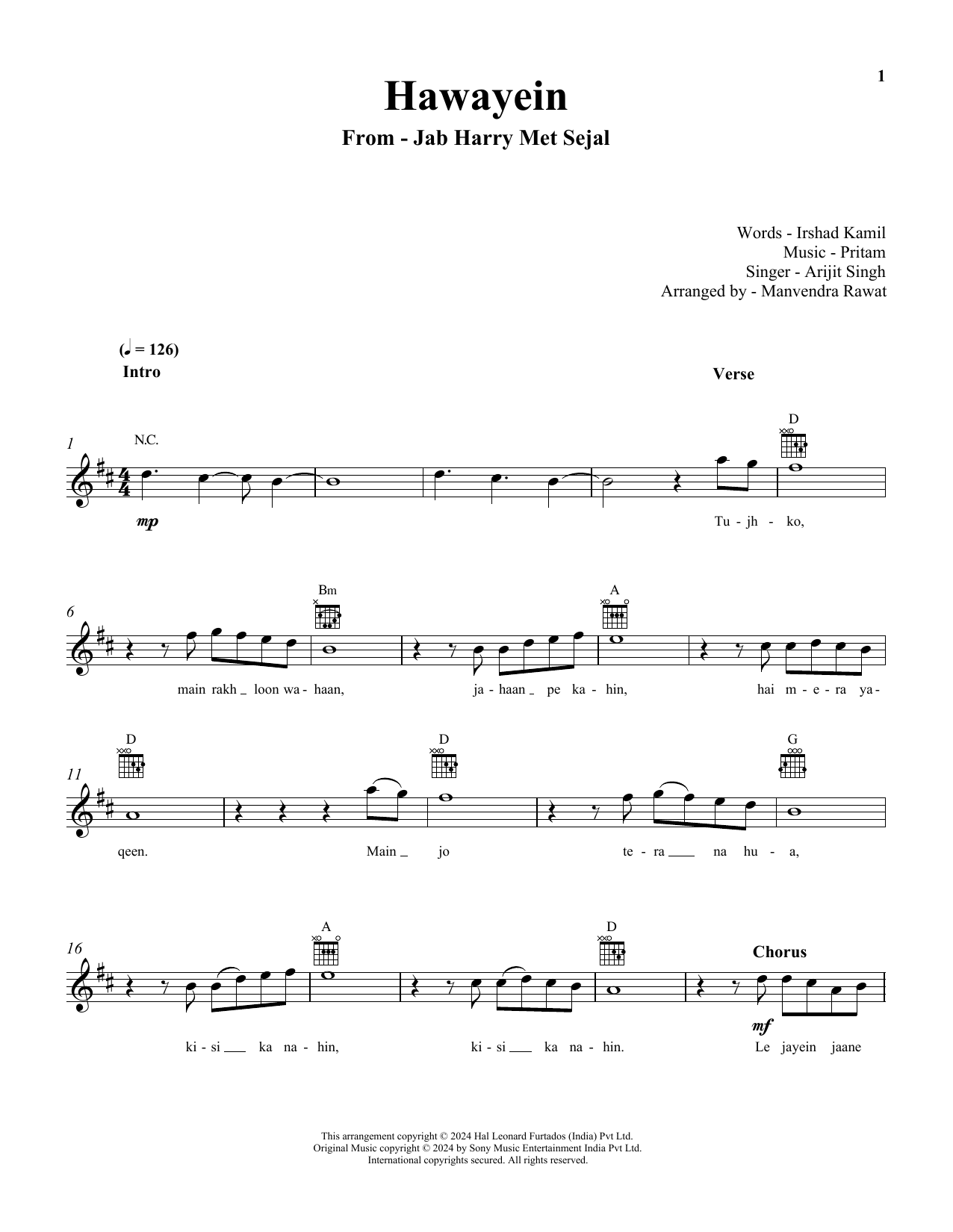 Pritam and Arijit Singh Hawayein (from Jab Harry Met Sejal) sheet music notes and chords arranged for Lead Sheet / Fake Book