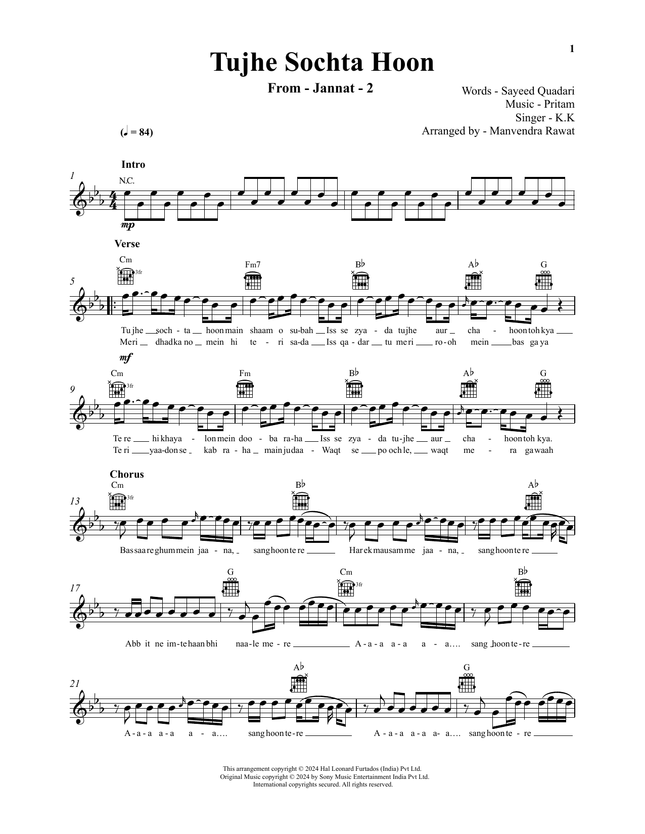 Pritam and KK Tujhe Sochta Hoon (from Jannat 2) sheet music notes and chords arranged for Lead Sheet / Fake Book