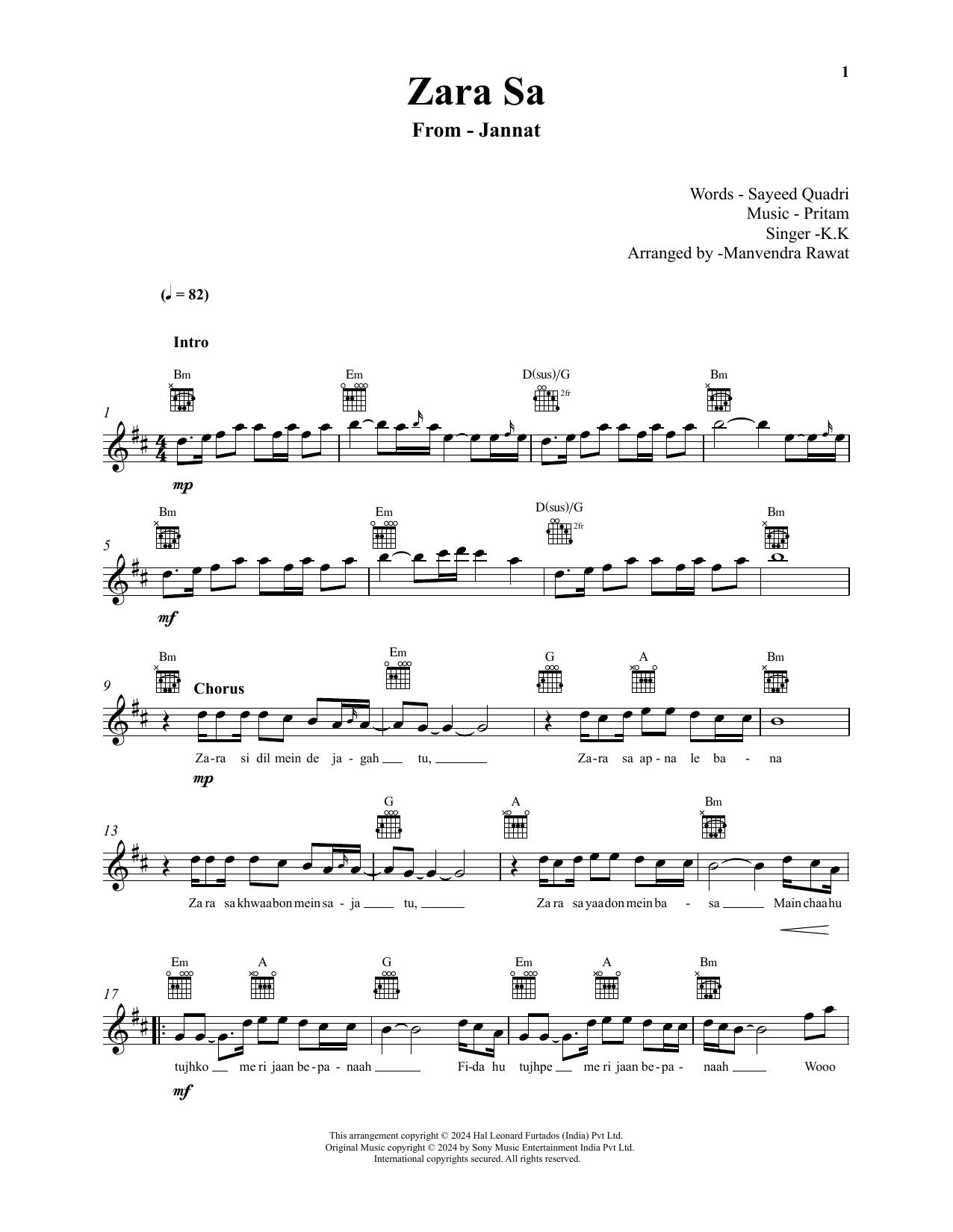 Pritam and KK Zara Sa (from Jannat) sheet music notes and chords arranged for Lead Sheet / Fake Book