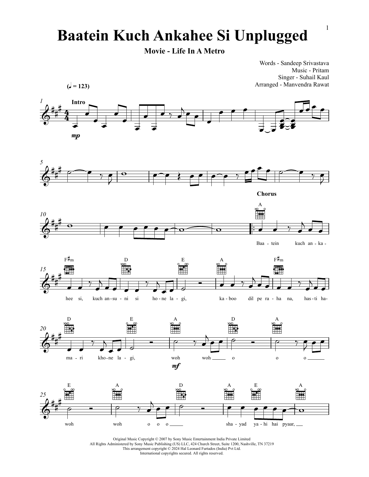 Pritam Chakraborty Baatein Kuch Ankahee Si (Unplugged) (from Life In A Metro) sheet music notes and chords arranged for Lead Sheet / Fake Book
