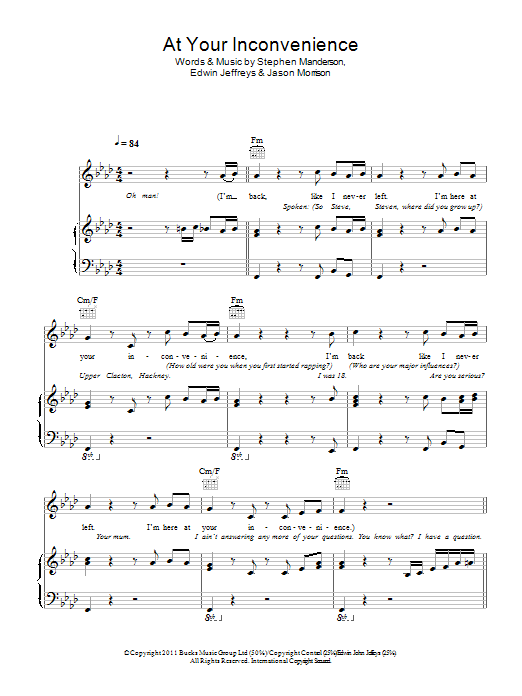 Professor Green At Your Inconvenience sheet music notes and chords arranged for Piano, Vocal & Guitar Chords
