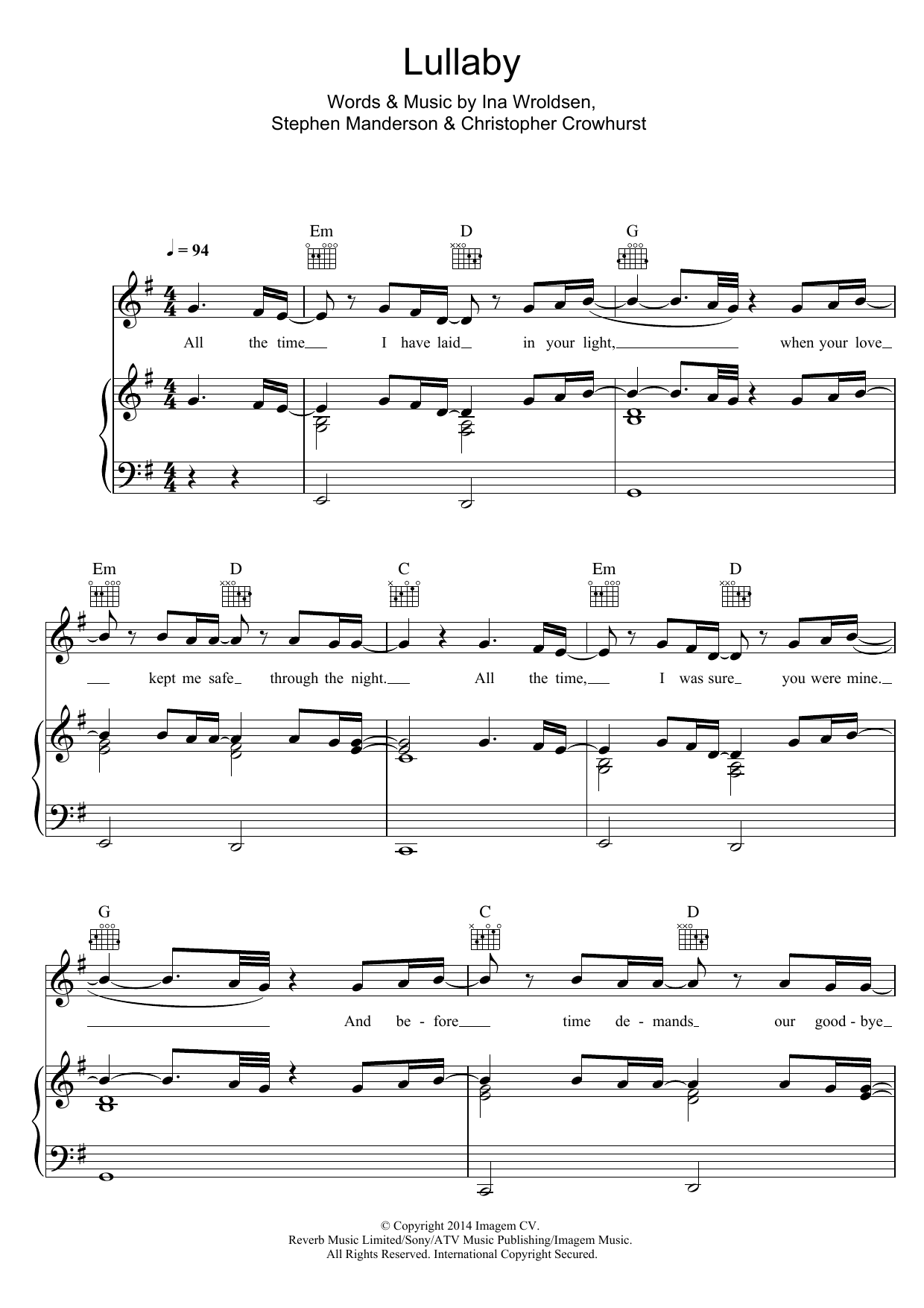 Professor Green Lullaby (feat. Tori Kelly) sheet music notes and chords arranged for Piano, Vocal & Guitar Chords