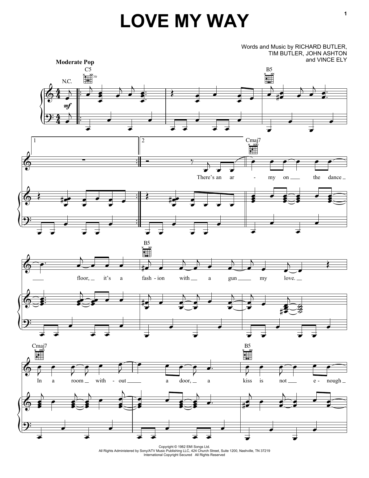 Psychedelic Furs Love My Way sheet music notes and chords arranged for Piano, Vocal & Guitar Chords (Right-Hand Melody)