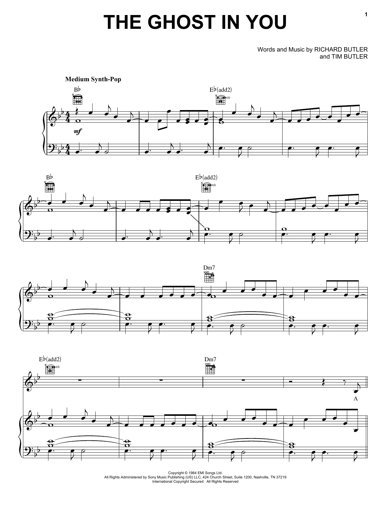 Psychedelic Furs The Ghost In You sheet music notes and chords arranged for Easy Piano