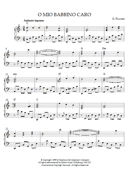 Puccini O Mio Babbino Caro sheet music notes and chords arranged for Piano Solo