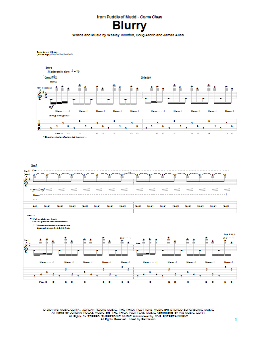 Puddle Of Mudd Blurry sheet music notes and chords arranged for Guitar Tab