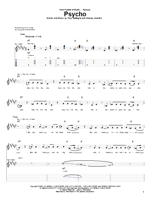 Puddle Of Mudd Psycho sheet music notes and chords arranged for Guitar Tab