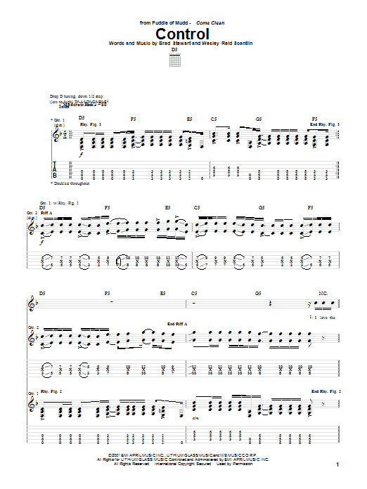 Puddle Of Mudd Control sheet music notes and chords. Download Printable PDF.