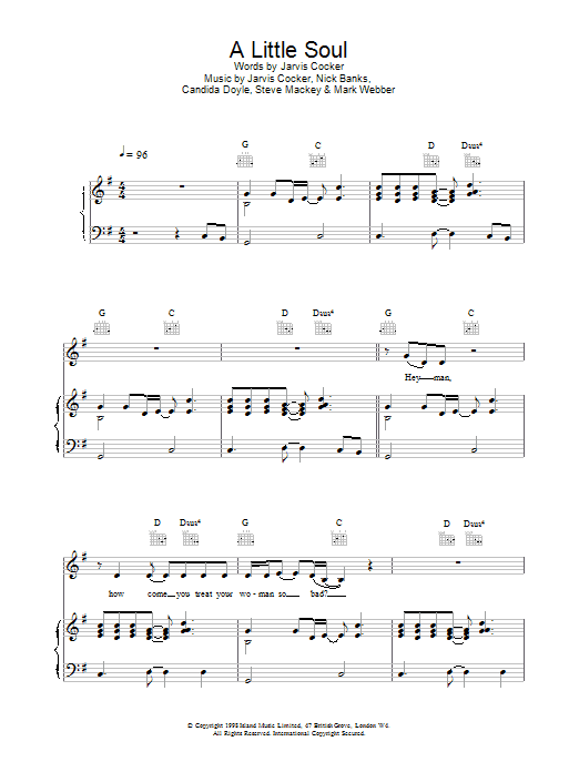Pulp A Little Soul sheet music notes and chords arranged for Piano, Vocal & Guitar Chords