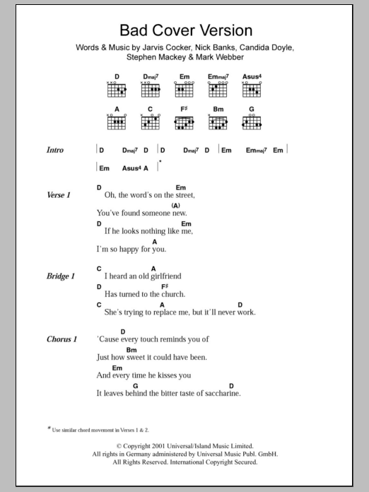 Pulp Bad Cover Version sheet music notes and chords arranged for Guitar Chords/Lyrics