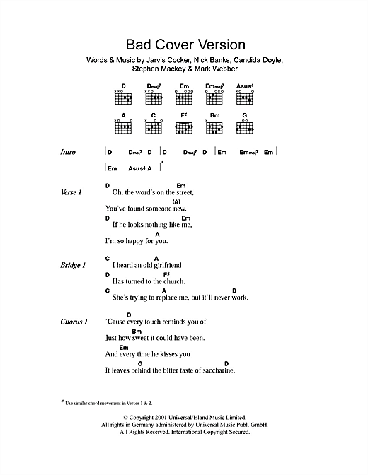 Pulp Bad Cover Version sheet music notes and chords arranged for Guitar Chords/Lyrics