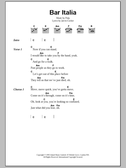 Pulp Bar Italia sheet music notes and chords arranged for Guitar Chords/Lyrics