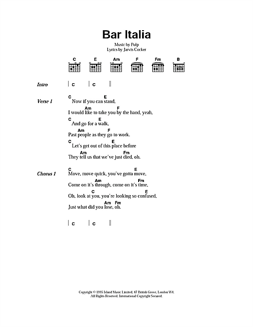 Pulp Bar Italia sheet music notes and chords arranged for Piano, Vocal & Guitar Chords