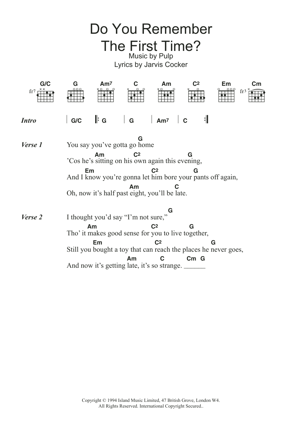 Pulp Do You Remember The First Time? sheet music notes and chords arranged for Guitar Chords/Lyrics