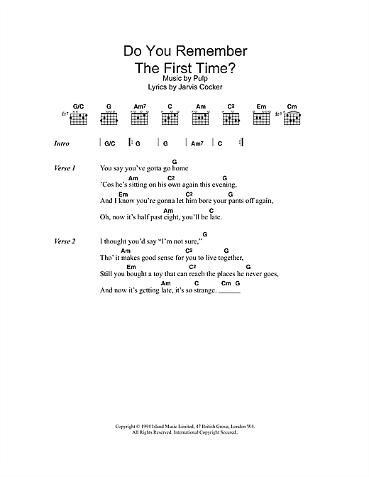 Pulp Do You Remember The First Time? sheet music notes and chords arranged for Guitar Chords/Lyrics