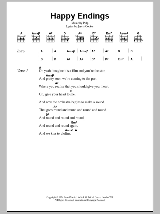 Pulp Happy Endings sheet music notes and chords arranged for Guitar Chords/Lyrics