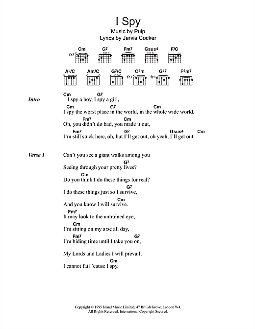 Pulp I Spy sheet music notes and chords arranged for Guitar Chords/Lyrics