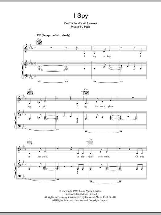 Pulp I Spy sheet music notes and chords arranged for Piano, Vocal & Guitar Chords