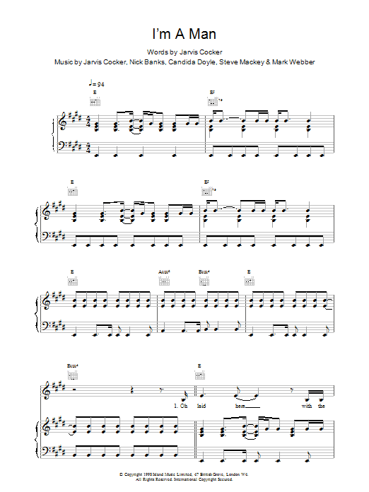 Pulp I'm A Man sheet music notes and chords arranged for Piano, Vocal & Guitar Chords