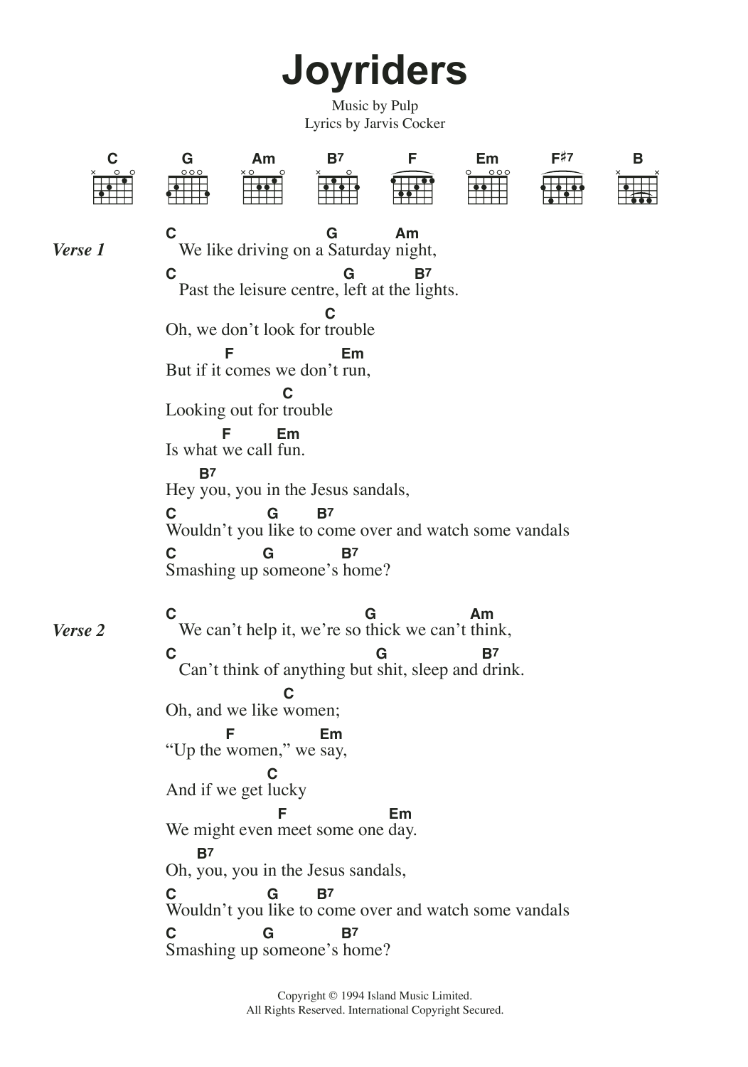 Pulp Joyriders sheet music notes and chords arranged for Guitar Chords/Lyrics