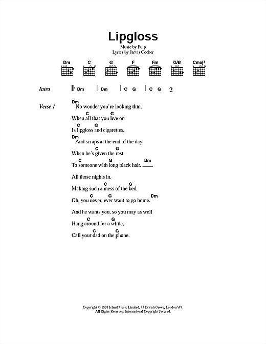 Pulp Lipgloss sheet music notes and chords arranged for Guitar Chords/Lyrics