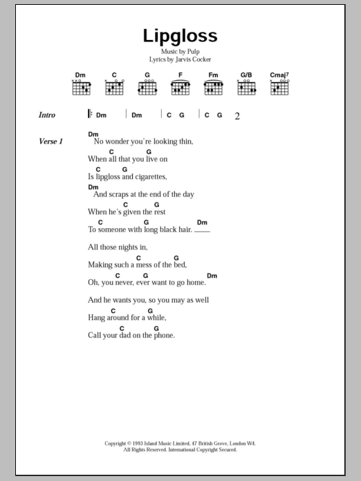 Pulp Lipgloss sheet music notes and chords arranged for Guitar Chords/Lyrics