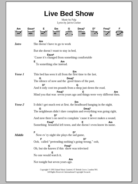 Pulp Live Bed Show sheet music notes and chords arranged for Guitar Chords/Lyrics