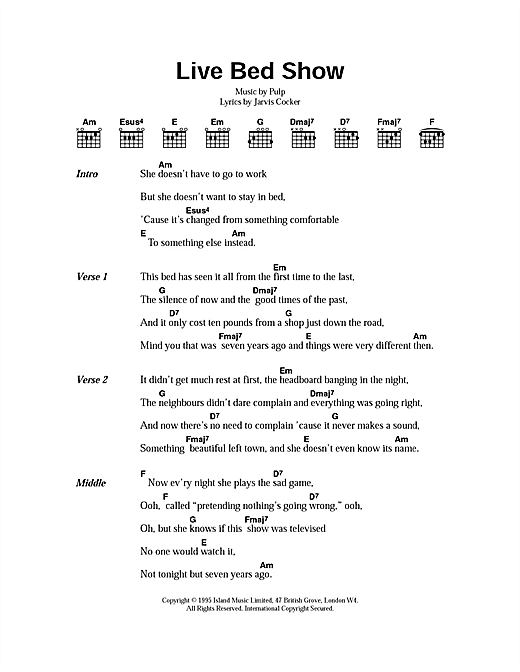 Pulp Live Bed Show sheet music notes and chords arranged for Guitar Chords/Lyrics
