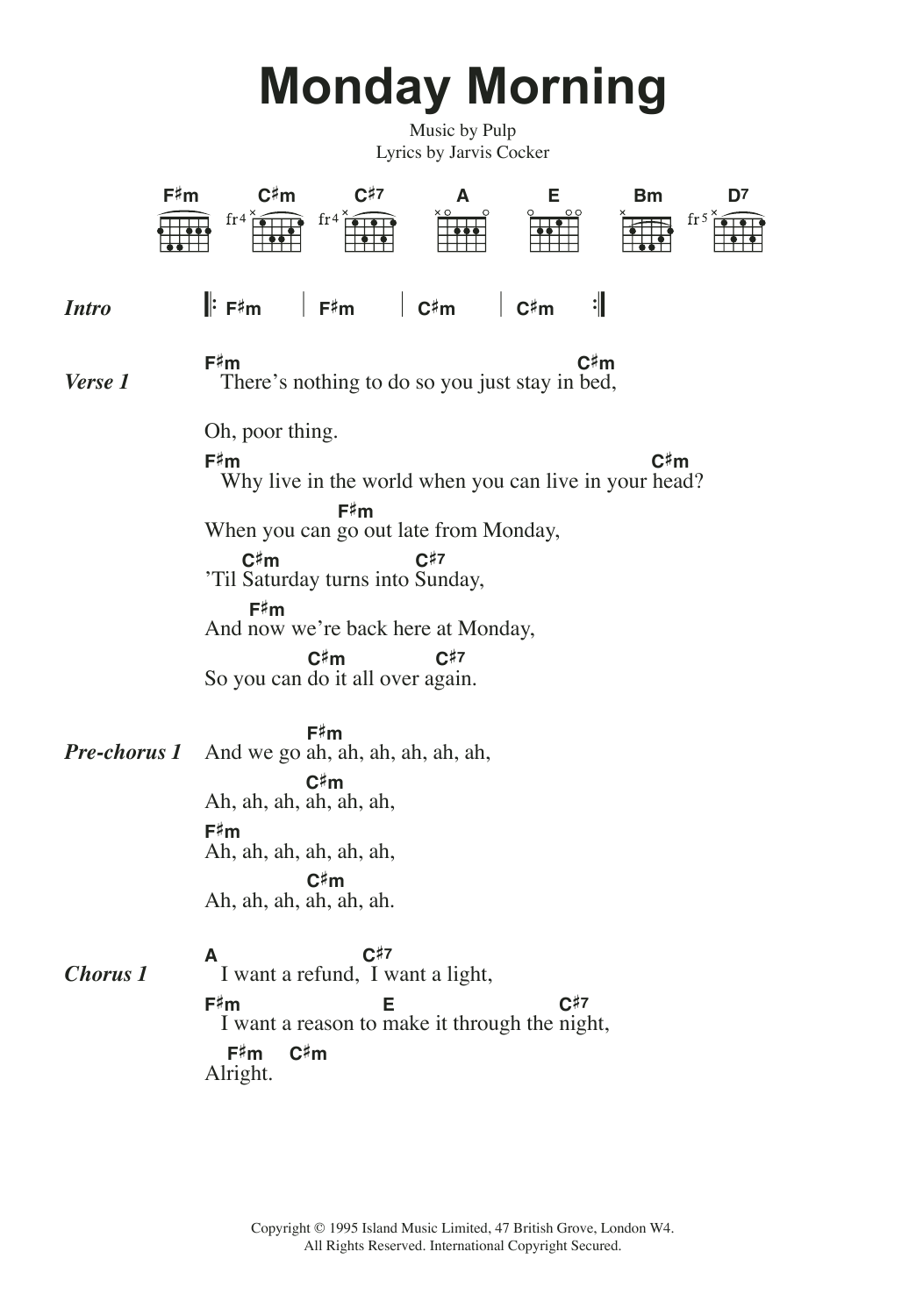 Pulp Monday Morning sheet music notes and chords arranged for Guitar Chords/Lyrics
