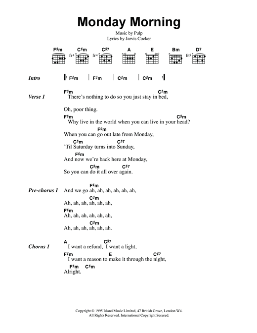 Pulp Monday Morning sheet music notes and chords arranged for Guitar Chords/Lyrics