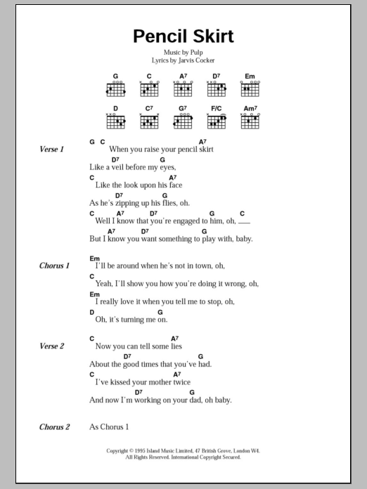 Pulp Pencil Skirt sheet music notes and chords arranged for Piano, Vocal & Guitar Chords