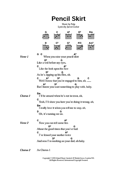 Pulp Pencil Skirt sheet music notes and chords arranged for Piano, Vocal & Guitar Chords
