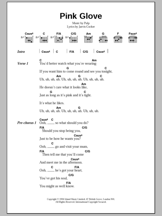 Pulp Pink Glove sheet music notes and chords arranged for Guitar Chords/Lyrics